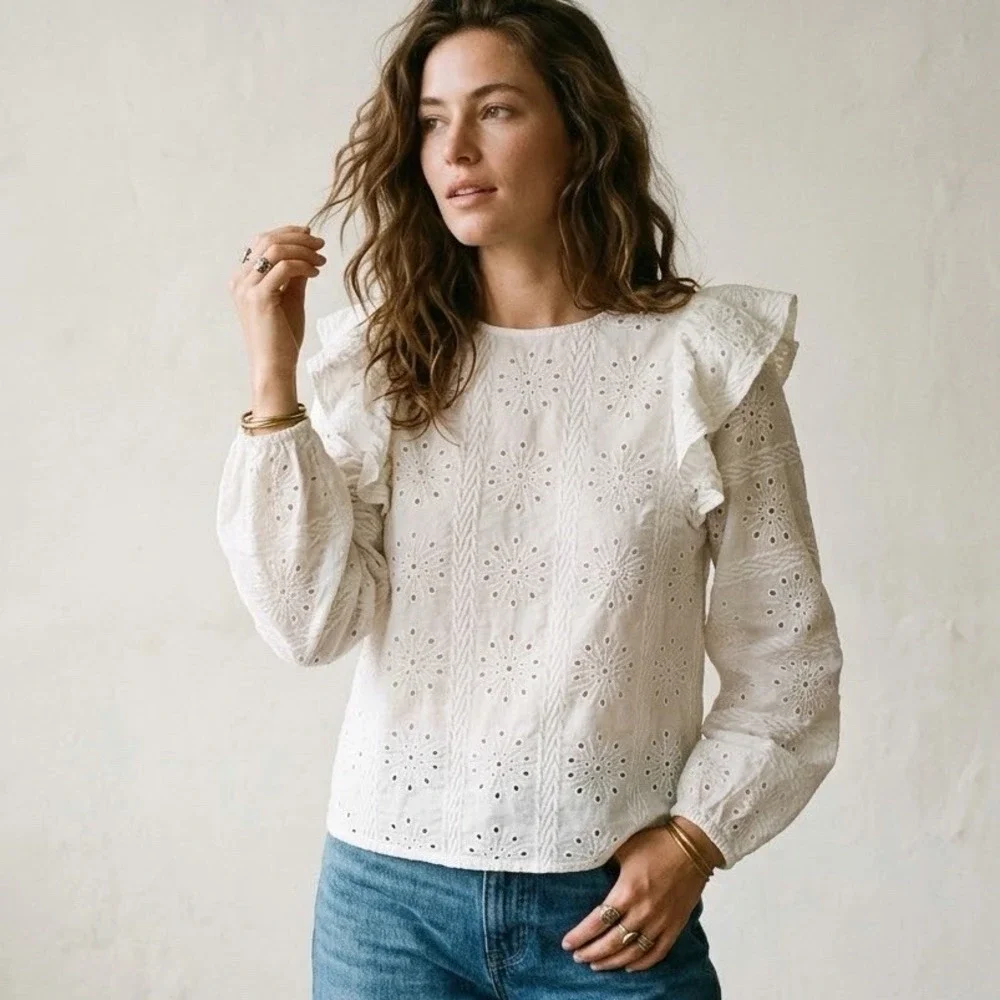 Happy Nature 100% Cotton Eyelet Long Sleeve Top Blouse Sz S Boho Chic Prairie